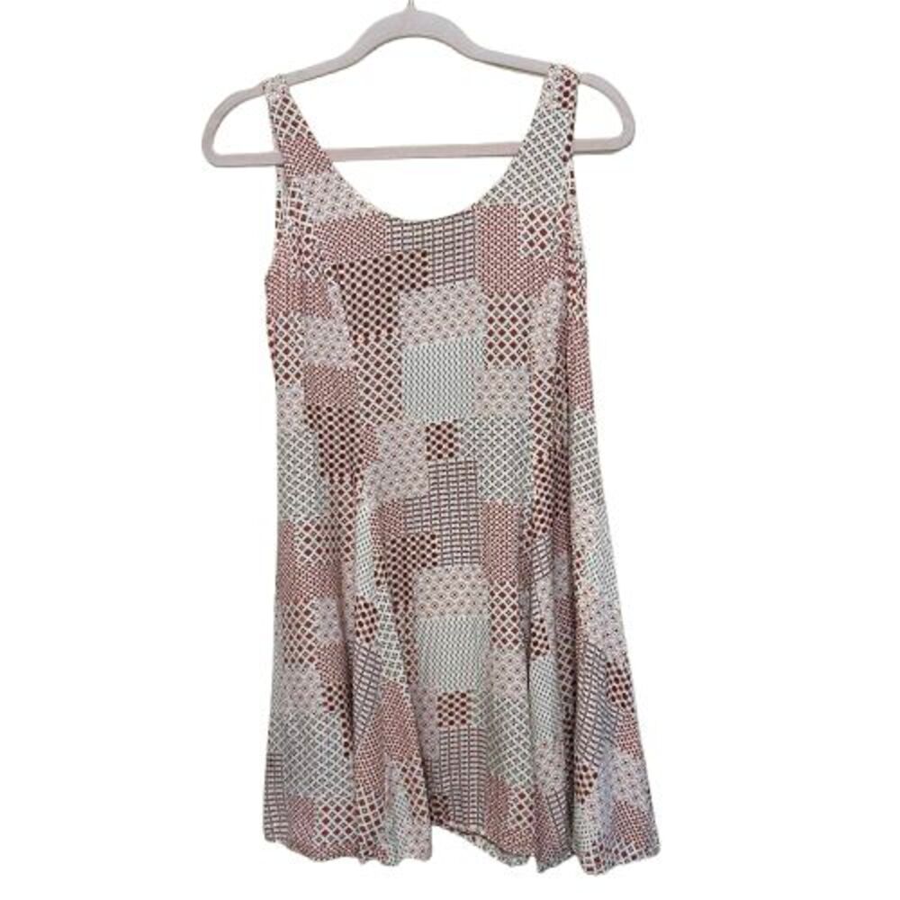 VTG 90s Y2K Shok Skater Tie Back Dress Small Cream Red Patchwork Print Grunge
